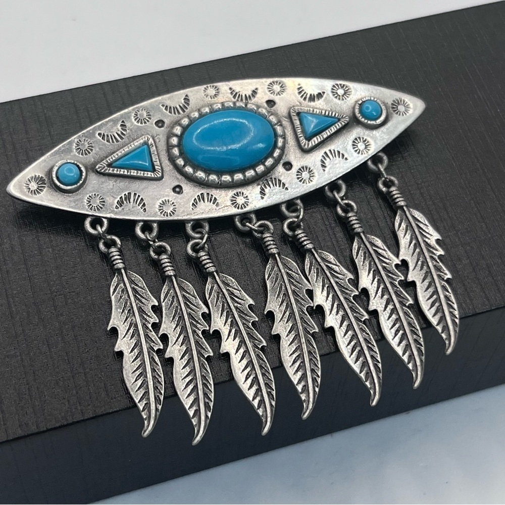 JJ. VTG 1988 Signed Southwestern Articulated Brooch Silver Turquoise 3"